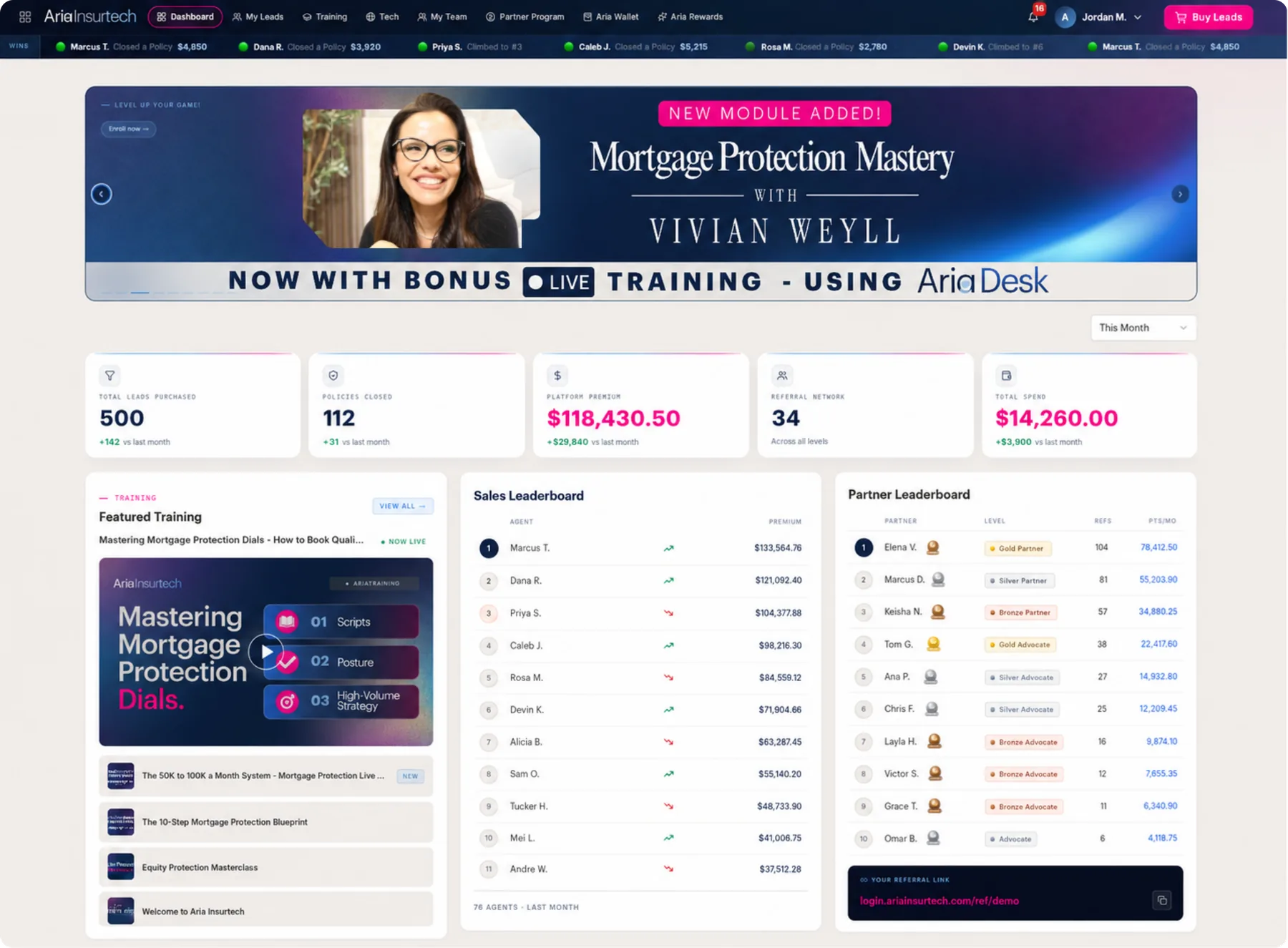 The Aria platform dashboard — training, sales and partner leaderboards, and earnings